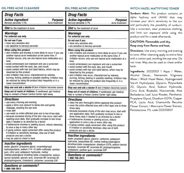 Acne Free 3 Step 24 Hour Acne Treatment Kit - Clearing System W Oil Free Acne Cleanser, Witch Hazel Toner, & Oil Free Acne Lotion - Acne Solution W/ Benzoyl Peroxide for Teens and Adults - Original