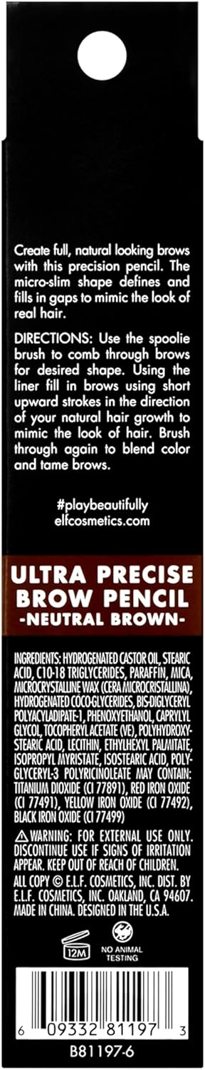 e.l.f. Ultra Precise Brow Pencil, Creamy, Micro-Slim, Precise, Defines, Creates Full, Natural-Looking Brows, Tames and Combs Brow Hair, Neutral Brown, 0.0017 Oz