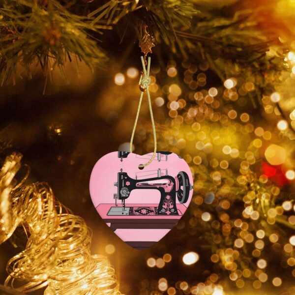 Christmas Ceramic Heart Pendant Decoration for Tree Hanging in Festive Season Vintage Pink Sewing Machine Prints