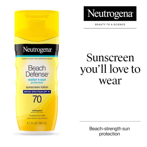 Neutrogena Sunscreen Lotion Beach Defense SPF 70, 6.7 fl oz, Face and Body Sunscreen, Oil Free, Fast Absorbing, Oxybenzone Free Sun Care