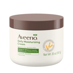 Aveeno Daily Moisturizing Cream with Prebiotic Oat & Shea Butter, Body, Face & Hand Cream for Normal to Dry, Sensitive Skin Hydrates for 48 Hours, Fragrance Free & Non-Comedogenic, 20 Oz