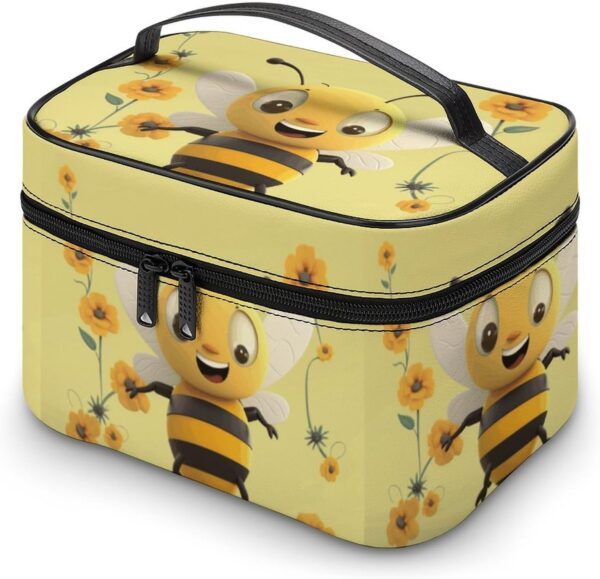 Happy Bee Makeup Bag, Cosmetic Organizer Case Large Portable Capacity Make Up Bags Women Travel Toiletry Bags with Handle And Divider