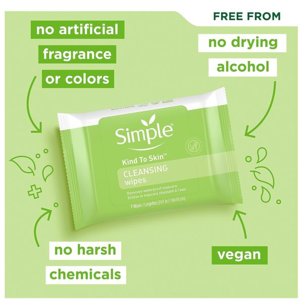Simple Kind to Skin Facial Cleansing Wipes Cleanser & Makeup Remover Cleansing Removes Waterproof Mascara 7 Wipes