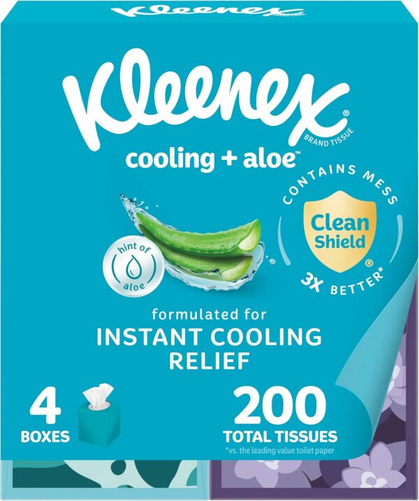 Kleenex Cooling + Aloe Facial Tissues, 4 Cube Boxes, 50 Tissues Per Box, 2-Ply