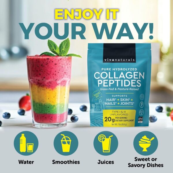 Hydrolyzed Collagen Peptides Powder - 1 lb Grass-Fed & Pasture-Raised Collagen for Women, Type I & III Unflavored Bovine Collagen Powder for Men, Collagen Protein Powder For Hair, Skin, & Nails