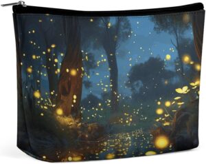 Fireflies Makeup Bag for Women Portable Travel Toiletry Pouch, PU Leather Cosmetic Bag with Zipper