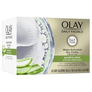 Makeup Remover Wipes by Olay Daily Facials Gentle Clean 5-in-1 Water Activated Cleansing Cloths, 33 count Packaging may Vary