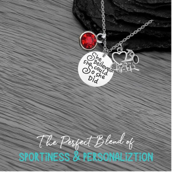 Infinity Collection - Personalized Cheer Charm Necklace with Birthstone Charm - 'She Believed She Could' Cheerleading Jewelry Gift for Cheerleaders