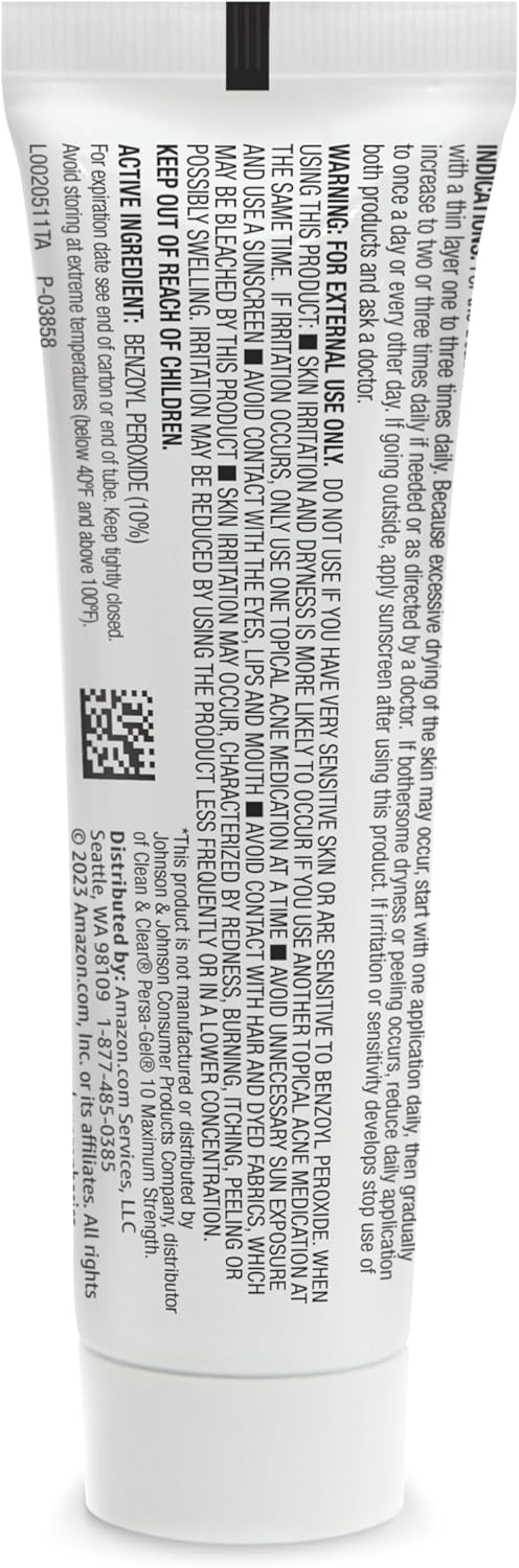 Amazon Basics 10% Benzoyl Peroxide Acne Medication, Maximum Strength, 1 Fluid Ounce Face Gel
