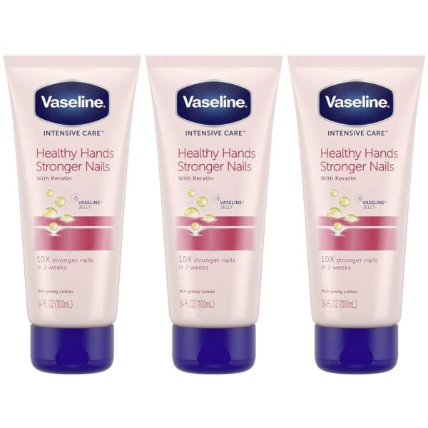 Vaseline Lotion, Healthy Hands Stronger Nails with Keratin 3-Pack – Intensive Care Hand Lotion with Petroleum Jelly, 3.4 Oz Ea
