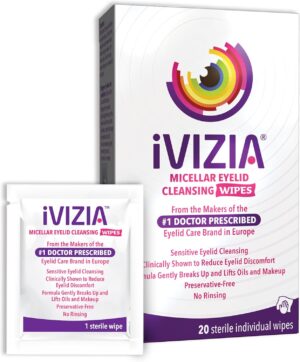 iVIZIA Eyelid Cleansing Wipes for Sensitive Eyelid Cleansing, Preservative-Free, Micellar, No Rinse, Gentle Eye Makeup Remover, 20 Sterile Single-Use Wipes for Eyelids Packaging May Vary