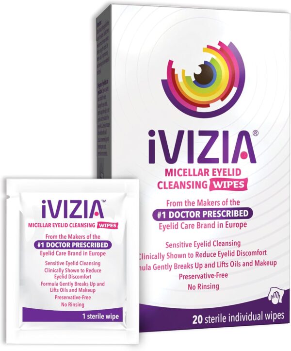 iVIZIA Eyelid Cleansing Wipes for Sensitive Eyelid Cleansing, Preservative-Free, Micellar, No Rinse, Gentle Eye Makeup Remover, 20 Sterile Single-Use Wipes for Eyelids Packaging May Vary