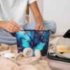 Linen Makeup Bag For Women, Waterproof Travel Cosmetic Organizer Lightweight Zipper Travel Toiletry Bag Organizer Blue Butterfly And Bamboo Makeup Brushes Storage Bag