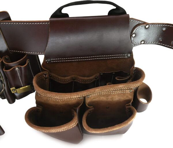 Style n Craft 4-Piece and 22-Pocket Pro Framer’s Combo, Tool Belt with 2 Tool Pouches, a 4-Pocket Multi-Tool Holder, and 1 Leather Hammer Loop, Full-Grain Leather Carpenter Tool Belt, Dark Tan (98454)