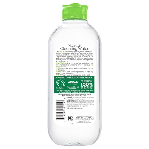 Garnier Micellar Water for Oily Skin, Facial Cleanser & Makeup Remover, Mattifying, For All Skin Types, Vegan, Cruelty Free, 13.5 Fl Oz (400mL), 1 Count