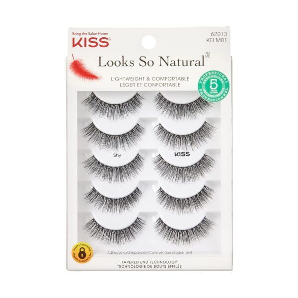 KISS Looks So Natural False Eyelashes Multipack, Lightweight & Comfortable, Tapered End Technology, Reusable, Cruelty-Free, Contact Lens Friendly, Style 'Shy', 5 Pairs Fake Eyelashes