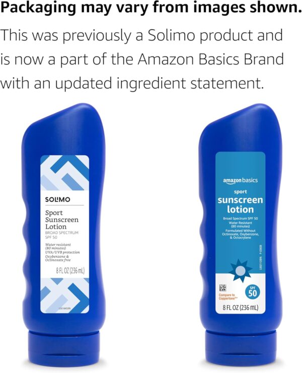 Amazon Brand - Solimo Sport Sunscreen Lotion, SPF 50, Reef Friendly (Octinoxate & Oxybenzone Free), Broad Spectrum UVA/UVB Protection, 8 Fluid Ounce
