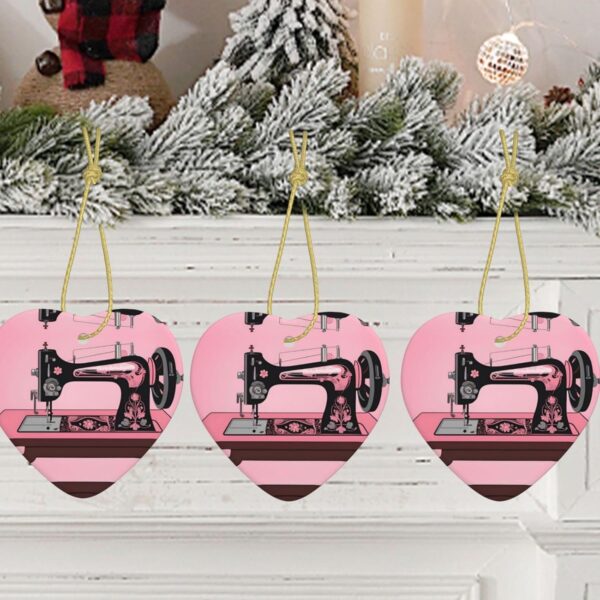 Christmas Ceramic Heart Pendant Decoration for Tree Hanging in Festive Season Vintage Pink Sewing Machine Prints