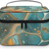 Orange And Turquoise Makeup Bag, Cosmetic Organizer Case Large Portable Capacity Make Up Bags Women Travel Toiletry Bags with Handle And Divider