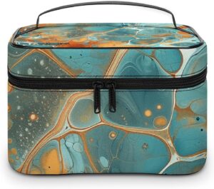 Orange And Turquoise Makeup Bag, Cosmetic Organizer Case Large Portable Capacity Make Up Bags Women Travel Toiletry Bags with Handle And Divider