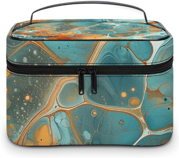 Orange And Turquoise Makeup Bag, Cosmetic Organizer Case Large Portable Capacity Make Up Bags Women Travel Toiletry Bags with Handle And Divider