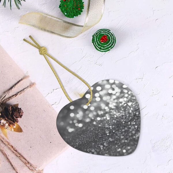 Christmas Ceramic Heart Pendant Decoration for Tree Hanging in Festive Season Shiny Silver Glitter Prints