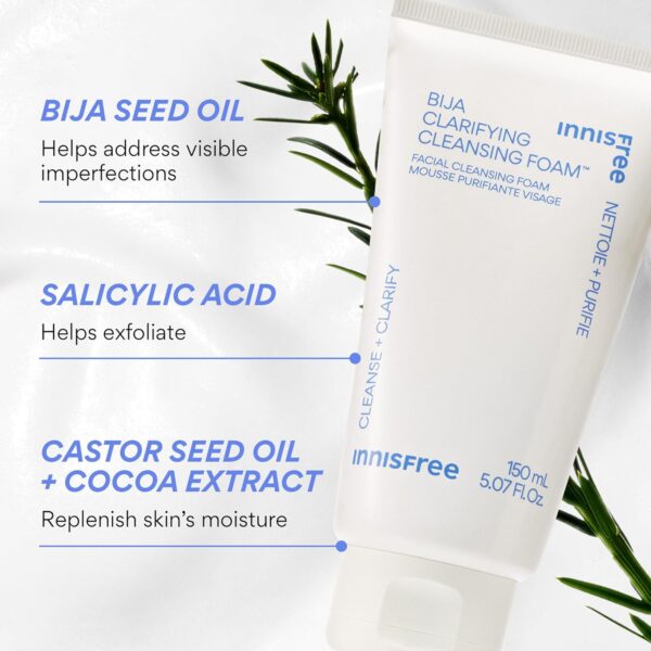 innisfree Bija Clarifying Foam Cleanser with Salicylic Acid & Castor Oil, Korean Skincare, Gentle Face Wash, Sulfate-Free Formula