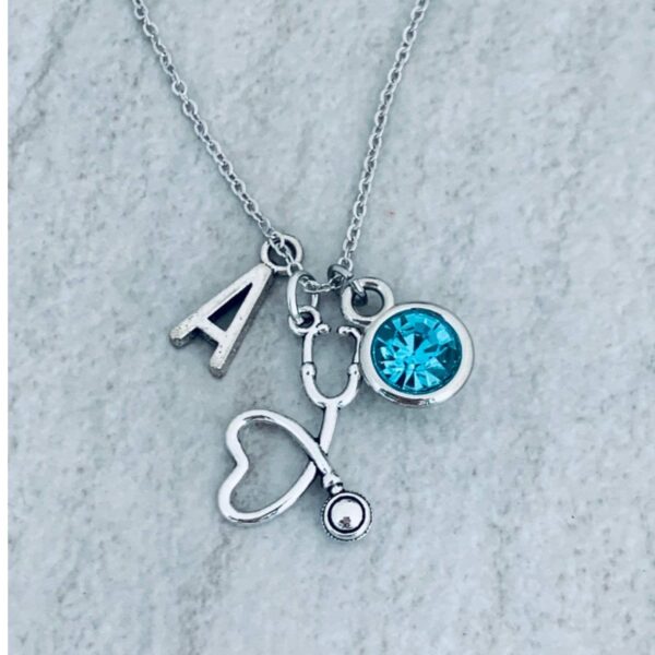 Personalized Nurse Necklace with Initial and Birthstone Charm, Stethoscope Pendant, Custom Jewelry Gift for Nurses, Nursing Students, and Medical Professionals