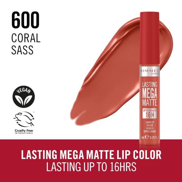 Rimmel London Lasting Mega Matte Liquid Lipstick, Long-Lasting, Hydrating, Vegan Formula - 600 - Coral Sass, 0.25oz