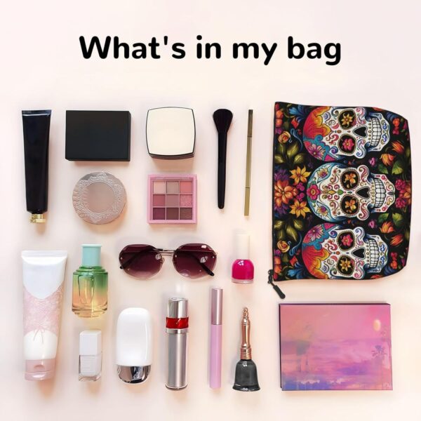 Linen Makeup Bag For Women, Waterproof Travel Cosmetic Organizer Lightweight Zipper Travel Toiletry Bag Organizer Colorful Flower Skulls Makeup Brushes Storage Bag