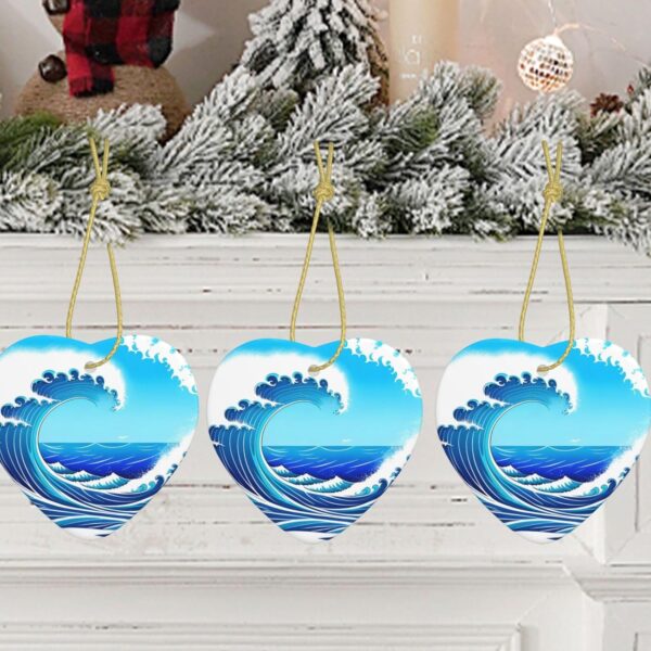 Christmas Ceramic Heart Pendant Decoration for Tree Hanging in Festive Season Cartoon Blue sea Wave Prints