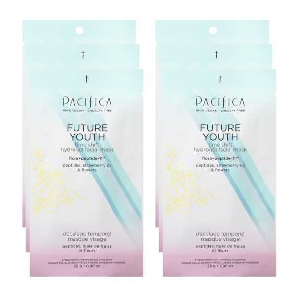 Pacifica Future Youth Time Shift Hydrogel Facial Mask - 6-PACK - Multi-Peptide Anti-Aging Sheet Mask for Firming & Plumping, Ultra-Hydrating Serum-Infused Mask for Face & Neck, 100% Vegan