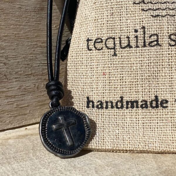 Cross Leather Necklace Mens - Men Cross Coin, Religious Pendant, Medallion Necklaces, Christmas Gift, Catholic Pendant, Christian Charms, Women Gifts to Husband Cute Crosses Best Friend (Gunmetal)