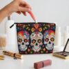 Linen Makeup Bag For Women, Waterproof Travel Cosmetic Organizer Lightweight Zipper Travel Toiletry Bag Organizer Colorful Flower Skulls Makeup Brushes Storage Bag