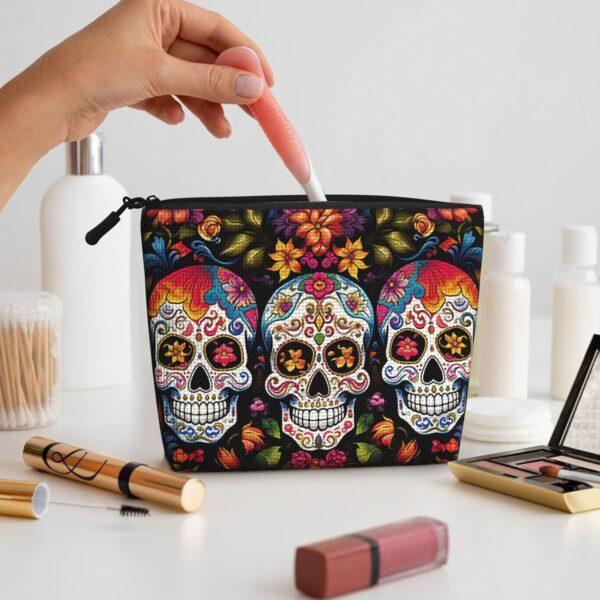 Linen Makeup Bag For Women, Waterproof Travel Cosmetic Organizer Lightweight Zipper Travel Toiletry Bag Organizer Colorful Flower Skulls Makeup Brushes Storage Bag