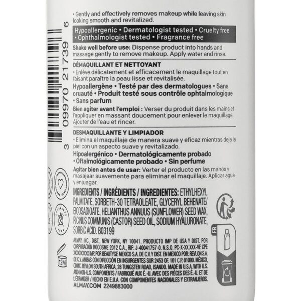 Almay Moisturizing Makeup Remover, Dermatologist Tested and Fragrance-Free, Hypoallergenic Cleanser, Removes Regular and Longwear Formulas, 4 Fl Oz (1 Pack)