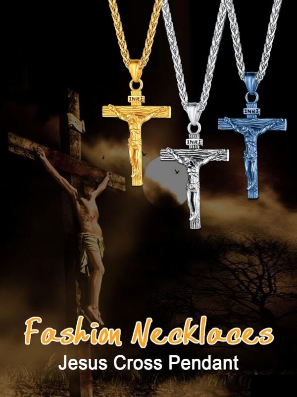 U7 Men Crucifix Cross Pendant with Chain Baptism Christian Jewelry Stainless Steel/18K Gold Antique Jesus Necklace, Gift Packed,Length 22"