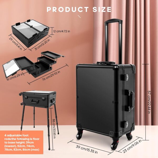 FAHKNS 24'' Aluminum Trolley Makeup Train Case with LED Light Professional Cosmetic Make up Cosmetic Organizer Studio