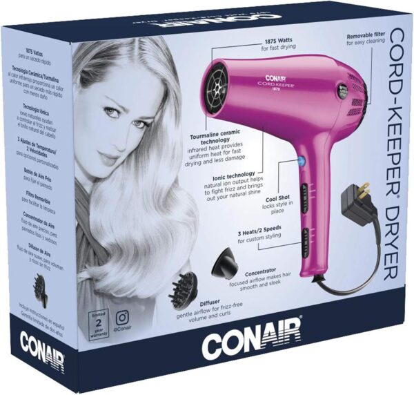 Conair Hair Dryer with Retractable Cord, 1875W Cord-Keeper Blow Dryer,Pink