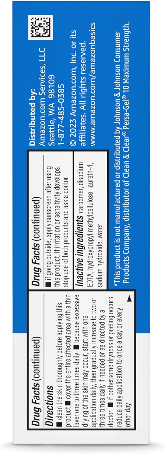 Amazon Basics 10% Benzoyl Peroxide Acne Medication, Maximum Strength, 1 Fluid Ounce Face Gel