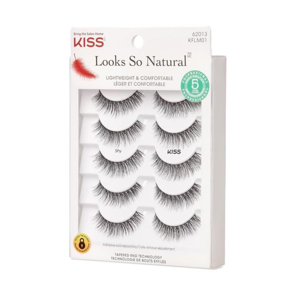 KISS Looks So Natural False Eyelashes Multipack, Lightweight & Comfortable, Tapered End Technology, Reusable, Cruelty-Free, Contact Lens Friendly, Style 'Shy', 5 Pairs Fake Eyelashes