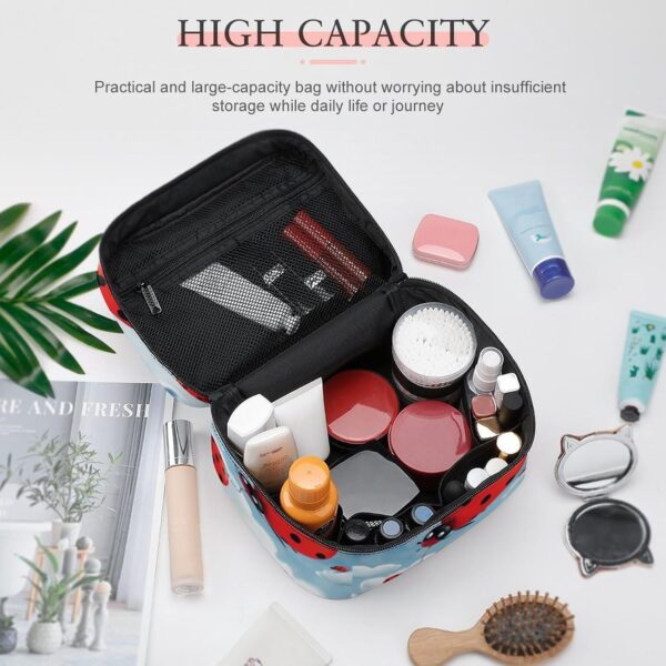 Ladybug And Cloud Makeup Bag, Cosmetic Organizer Case Large Portable Capacity Make Up Bags Women Travel Toiletry Bags with Handle And Divider
