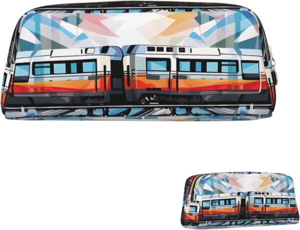 Monorail Train Pencil Pouch Large Capacity Pencil Case Leather Cosmetic Bag Office Desk Organizer Coin Pouch Portable Zipper Toiletry Bag for Travel Outdoor