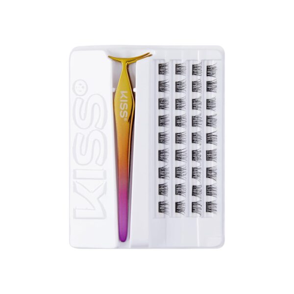 KISS imPRESS Falsies Self Adhesive Eyelashes, Press On Lashes, 12mm-14mm Natural Volume Lashes, Black, No Glue Needed, Invisible Band, 36 Lash Clusters & Non-Stick Applicator - Natural