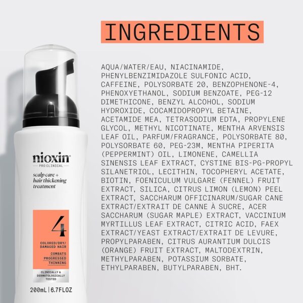 Nioxin System 4 Scalp Care + Hair Thickening Leave-In Treatment For Colored, Dry, & Damaged Hair with Progressed Thinning Nourish & Boost Hair Density with Niacinamide & Biotin
