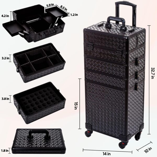 AROUS 5 in 1 Professional Makeup Train Case Aluminum Cosmetic Case Rolling Makeup Case Extra Large Trolley Makeup Travel Organizer, with 360° Swivel Wheels,Black