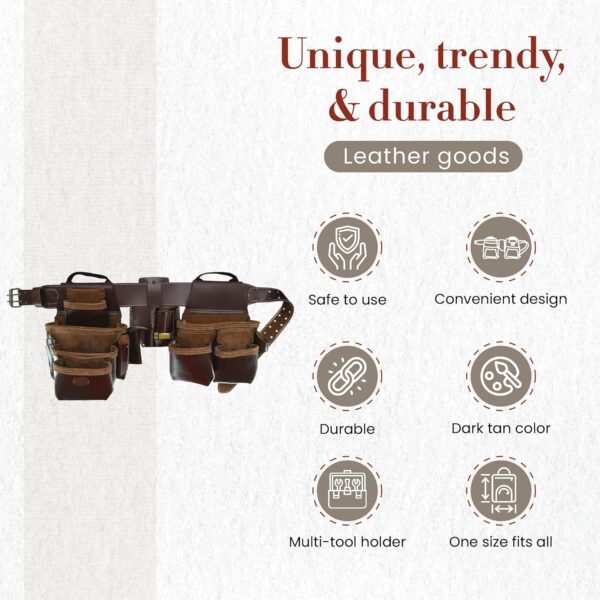 Style n Craft 4-Piece and 22-Pocket Pro Framer’s Combo, Tool Belt with 2 Tool Pouches, a 4-Pocket Multi-Tool Holder, and 1 Leather Hammer Loop, Full-Grain Leather Carpenter Tool Belt, Dark Tan (98454)