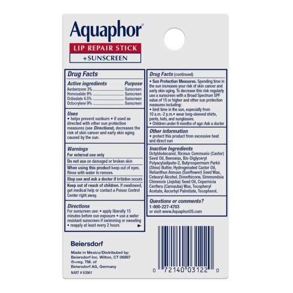 Aquaphor Lip Repair and Protect Stick with Sunscreen, Broad Spectrum SPF 30 Sunscreen Lip Balm, 0.17 Oz Stick, Pack of 4