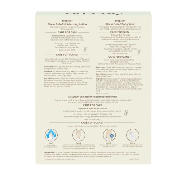 Aveeno Stress Relief Gift Set, Skincare Set for Sensitive Skin with Soothing Body Wash & Moisturizing Body Lotion, plus, Skin Relief Repairing Hand Masks for Very Dry Skin, 3 Items