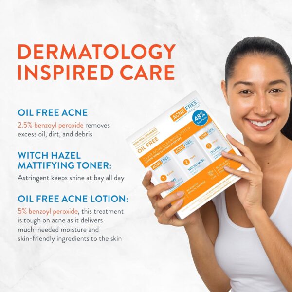 Acne Free 3 Step 24 Hour Acne Treatment Kit - Clearing System W Oil Free Acne Cleanser, Witch Hazel Toner, & Oil Free Acne Lotion - Acne Solution W/ Benzoyl Peroxide for Teens and Adults - Original